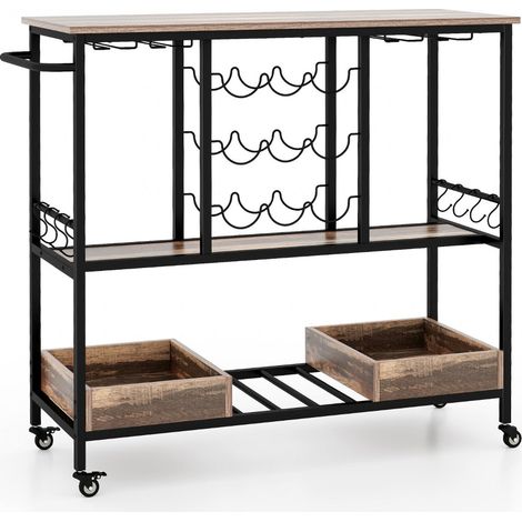 Carrito de bar de 3 niveles 108 x 40 x 91 cm con amplio espacio de almacenamiento y fácil desplazamiento fabricado en madera de ingeniería gris 200011322