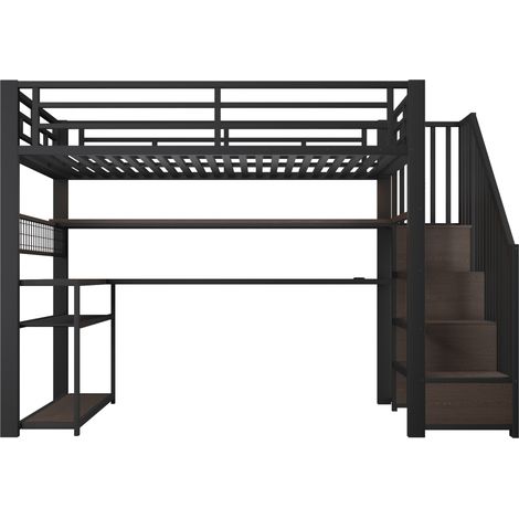 Cama alta 90x200 de metal con LED, escritorio, armario y almacenaje, negro (1/5)