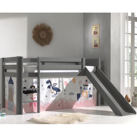 Cama de media altura 90x200 con tobogán, somier y funda Fairy Vipack Pino Gris (1/4)