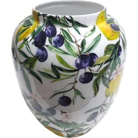 Vaso decorativo in metallo con motivo a limoni e ulivi, ideale per l'arredamento d'interni, stile moderno
