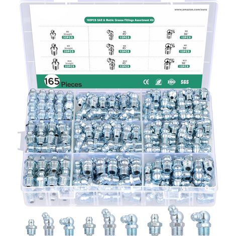 Assortiment de raccords de graisse, 165PCS raccords de graisse métrique Zerk NPT M6 M8 M10, mamelon de graisse droit 45 à 90 degrés pour pistolet à graisse (1/5)