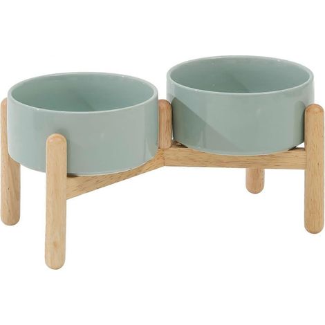 Erhöhter Keramik-Hundenapf mit Ständer für mittelgroße und große Hunderassen, Futter- und Wassernapf (Doppelnapf mit Ständer, eichengrün, 15,5 cm) (1/4)