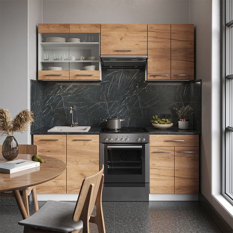 Mueble de cocina Fame-Line, Oro potencia roble/blanco, 200 cm , ET Antracita, Vicco