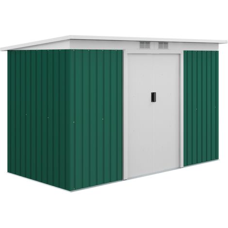 Dunkelgrünes Gartenhaus aus Stahl 280 x 130 x 172 cm mit Schiebetür und Belüftung (1/4)