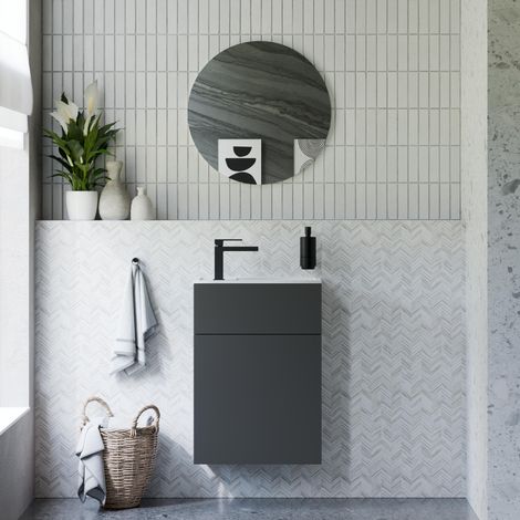 BERNSTEIN - Ensemble meuble vasque Graphite mat 50x26x72cm, Lavabo fonte minérale Blanc mat + Miroir LED dimmable Ø60cm - KONDA (1/5)
