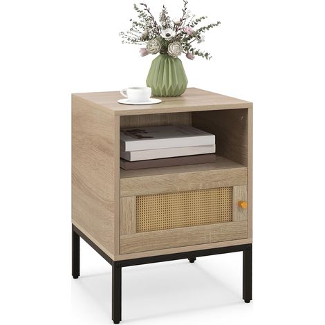 Costway – Table de chevet bohème en MDF et métal – Dimensions 40 x 40 x 57 cm – Compartiment ouvert et armoire avec porte rotin – Pieds en bois massif (1/5)