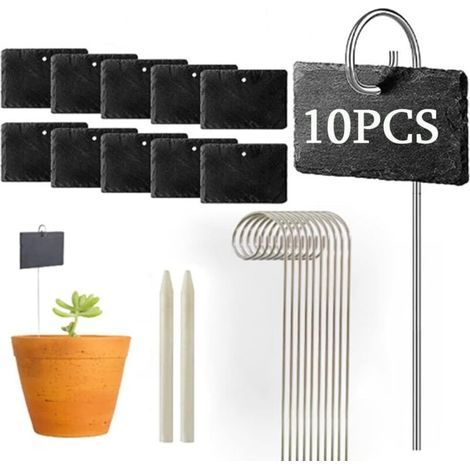 Lot de 10 marqueurs pour plantes, résistants aux intempéries, réutilisables, accessoires de jardin, panneaux d'extérieur en ardoise naturelle à suspendre avec piquets en métal et 2 crayons à craie (1/5)