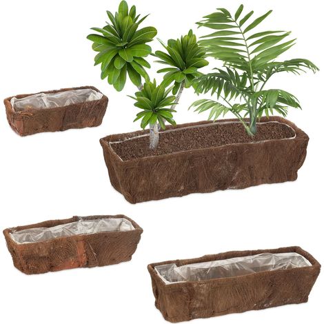 Relaxdays Blumenkasten, 4 unterschiedliche Größen, für Garten, Balkon & Fensterbank, Dekoblumentopf mit Folie, natur