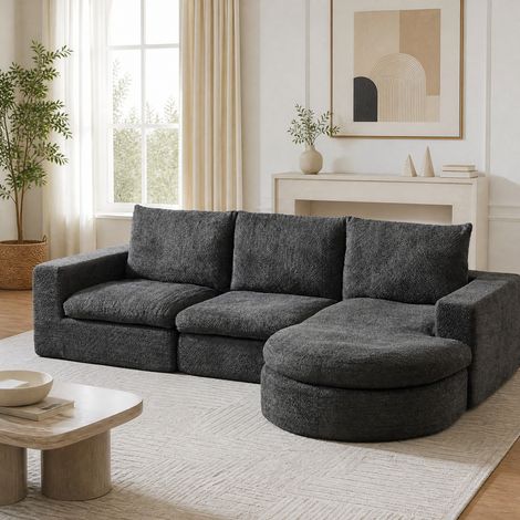 Divano modulare in ciniglia grigio con chaise longue reversibile, 4 moduli, senza montaggio,250x160x80 cm (1/5)