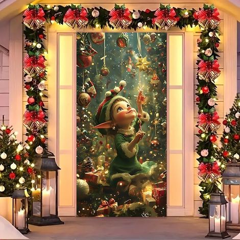 Rideau de porte de Noël 2026, bannière extérieure avec fond photo Père Noël et chien, tissu à suspendre - 90 x 180 cm (rainure + ruban) - 24