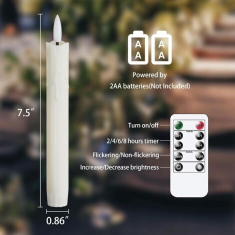 Bougies sans flamme à effet vacillant avec télécommande, 19 cm ivoire, à piles, lot de 6 bougies en plastique sans flamme à effet cire (2,2 cm de diamètre)