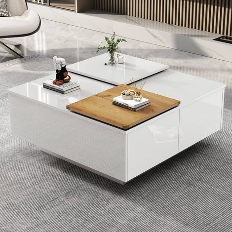 Table basse carrée 75x75x33, 5 cm blanche effet bois brillant, plateau coulissant avec espace de rangement (1/5)