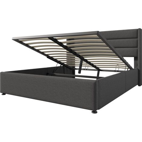Cama canapé tapizada 160 x 200 cm HOMVRA de lino gris con somier elevable hidráulico (1/5)