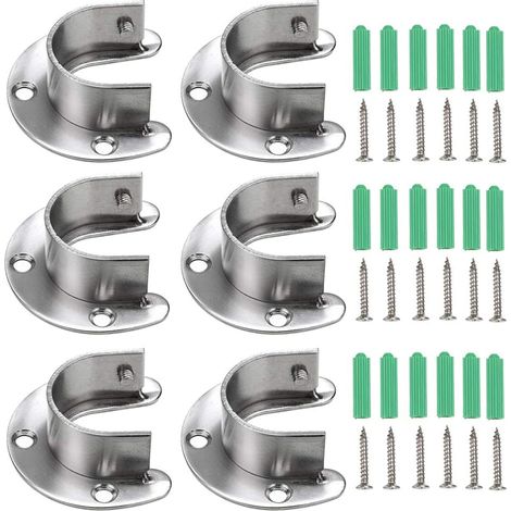 Lot de 6 douilles en forme de U en acier inoxydable pour tringle de penderie, support de tringle de penderie, support de fixation pour armoire, rideau de douche (argent) (1/5)