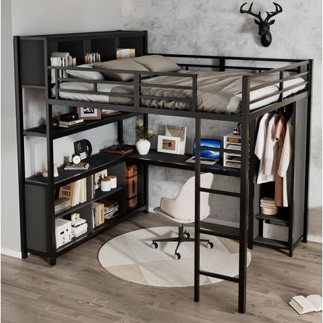MEUBLIV Lit mezzanine 140x200 cm avec bureau – rangement double étagère – placard intégré – métal et bois – noir (1/5)