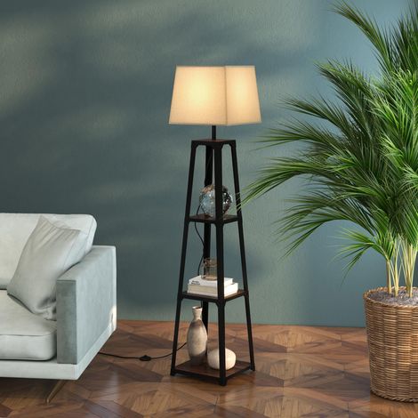 Lampe sur pied en métal et MDF à 3 étagères avec Paralume en Tessuto, Ø42x166 cm, noir et beige - Ce luminaire de haute qualité allie design élégant et fonctionnalité optimale, parfait pour embelli... (1/4)