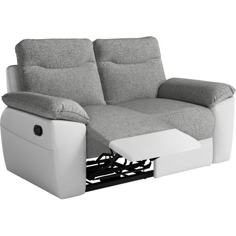 Canapé de relaxation manuel ROSS 2 places en tissu et simili - Blanc/Gris (1/5)
