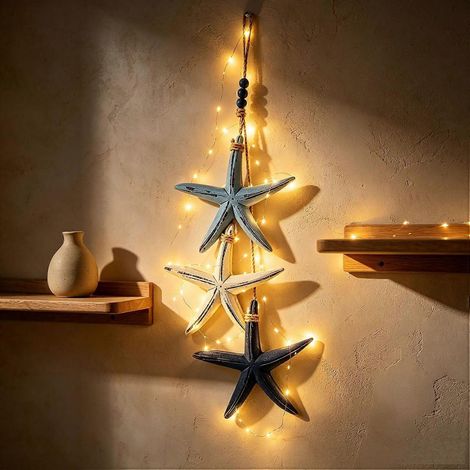 Décoration murale lumineuse en bois étoile de mer poissons style marin méditerranéen éclairage LED blanc chaud à suspendre (1/5)