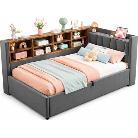 Canapé-lit 90x200 cm en velours gris foncé, avec rangement hydraulique, port USB Type-C, lumière de chevet et niches de rangement, pour petite chambre  CHICFURN (1/5)