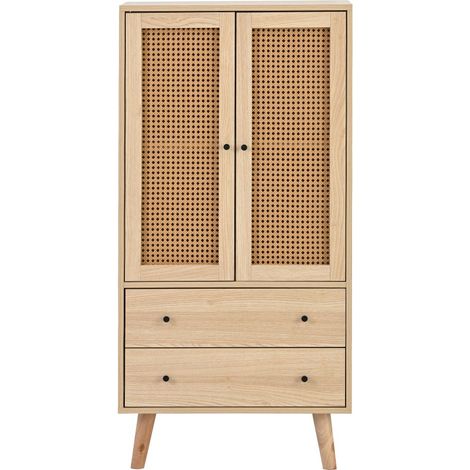 Gutent – Buffet en bois clair 60x40x120cm avec 2 tiroirs – Panneau de particules E1 – Design élégant avec portes en rotin tissé