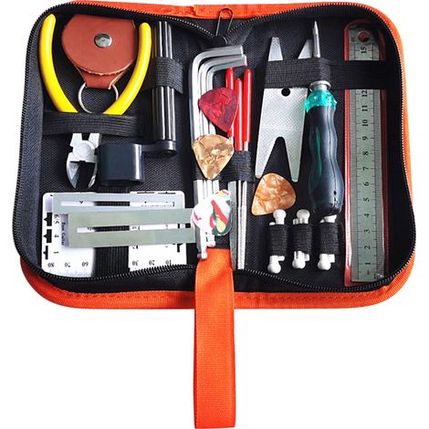 Kit de réparation de guitare 26 pièces avec sac de transport, comprenant des outils d'entretien et de nettoyage pour ukulélé, basse et guitare électrique. (1/5)