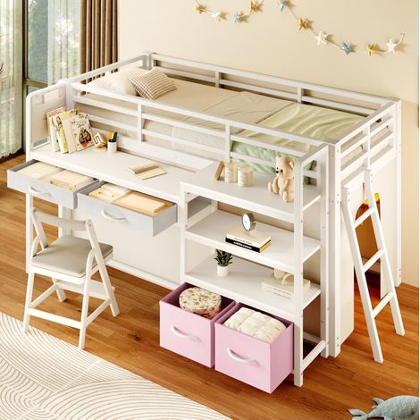 Letto a soppalco 90/200 cm bianco in metallo con scrivania, ripiani, cassetti in tessuto e LED (1/5)