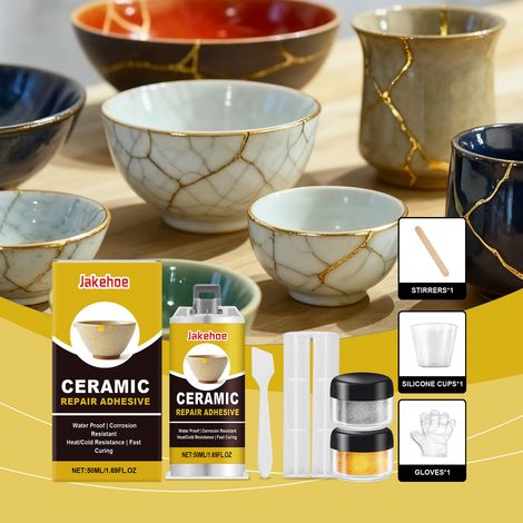 Ceramic Bonding Kit - Kintsugi Glue, Effective for Bonding Porcelain and Glass Artistic Textures - 50ml1, Gold Powder 5g1, Silver Powder 5g1, Stirring Rod1, Disposable Gloves1 Pair, Measuring Cup1, Pu (1/5)
