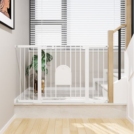 Barrera de seguridad 75-131x76 cm de metal y ABS blanca, a presión, para escaleras – MEUBLIV (1/5)