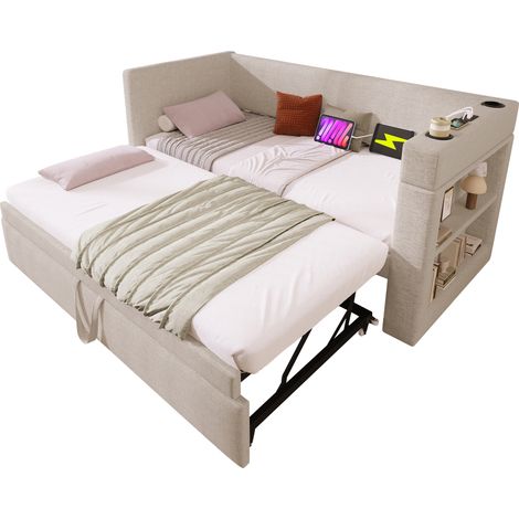 Lit double bois 160x200 cm, tête de lit rabattable en lin, rangement, 2 chevets, banc, lampes USB, lattis, chêne (1/5)