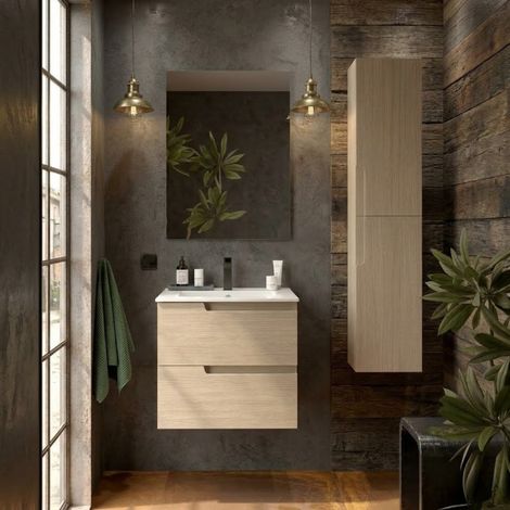 Meuble de salle de bain suspendu 60 cm avec 2 tiroirs et lavabo inclus Chêne naturel – Gena