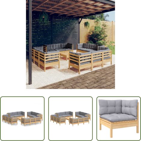 vidaXL Gartenmöbel - 13-tlg. Garten-Lounge-Set mit Grauen Kissen Kiefernholz (1/5)