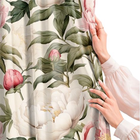 Rideau pour salon, cuisine, chambre, galon à pinces, rideaux prêts à poser, pivoines, 300 cm (1/5)