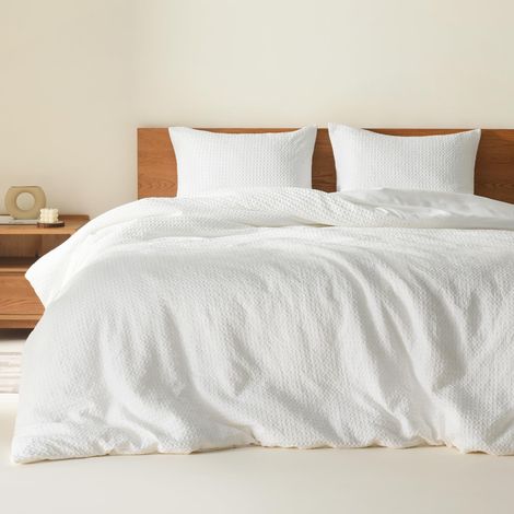 Parure de lit 3 pièces en Tricot gaufré Respirant pour Grand lit, Housse de Couette et taies d'oreiller en Microfibre pour Toutes Les Saisons, lit Double/Grand lit, Blanc (1/5)