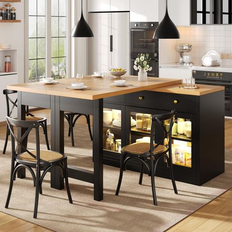 Îlot de cuisine extensible,Desserte cuisine avec roulettes,table de bar, table à manger avec éclairage LED,120-200 cm,3 tiroirs et porte vitrée,contrôle par application,noir