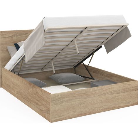 Idmarket – Lit coffre double SEASIDE 140x190 cm – Tête de lit et sommier 24 lattes en bois – Coffre de rangement avec vérins de levage