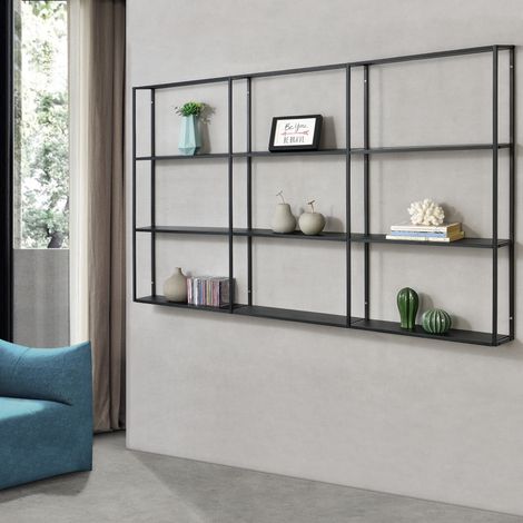 Scaffale da Parete Jelsa in Ferro Libreria Sospesa con 9 Scomparti 160x18x110 cm Nero [en.casa] (1/4)