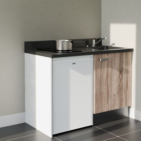Kitchenette K08L - 120 cm - plan monobloc évier intégré Nero- évier à droite - Façades Bois + Electroménager inclus coloris Blanc