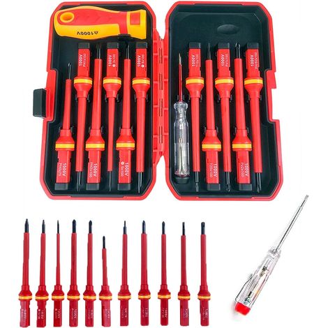 13 pièces Set Tournevis Isolé VDE, Coffret Tournevis Aimanté Electricien, Jeu de Tournevis Torx Interchangeables avec Testeur de Tension, Outils de Réparation Manuels Durables avec Étui de Rangement (1/5)