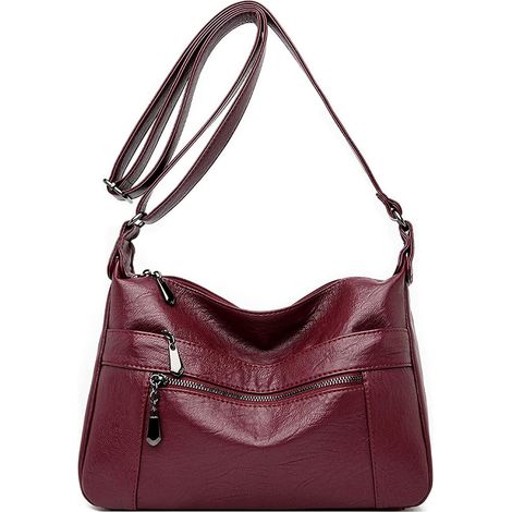 Sac à main multi-poches en cuir pour femme avec bandoulière réglable (bordeaux)