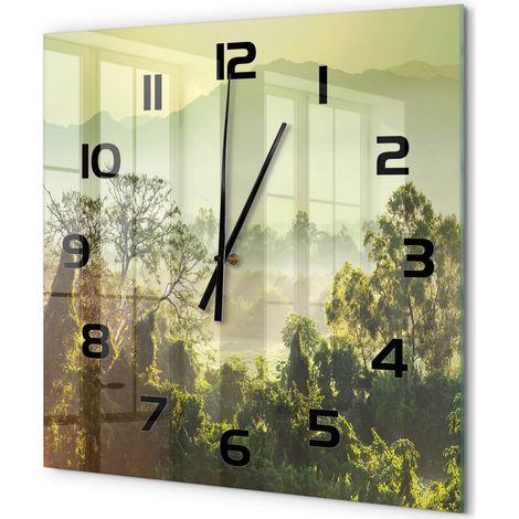 Grande Horloge Murale Carrée Moderne en Verre Mouvement Quartz Silencieux pour Salon Jungle 60x60 cm (1/5)