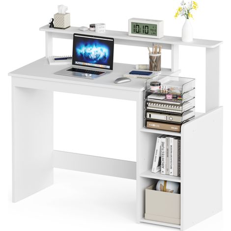 Bureau Informatique avec Rangement et Étagère Réglable, Bureau d'Ordinateur pour Travail/Étude,110L x 48P x 93H cm, Blanc, Mondeer