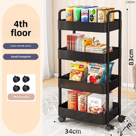 Estantería móvil con ruedas para cocina, dormitorio, suelo, multinivel, móvil para aperitivos de bebé, baño, aseo (negra, 4 niveles)