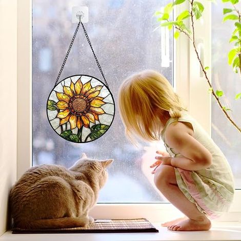 Attrape-soleil tournesol en vitrail, 20 cm, prêt à accrocher, pour fenêtres et portes. Idéal comme cadeau de Noël, de fête des mères ou d'anniversaire pour femmes, hommes et mamans. (1/4)