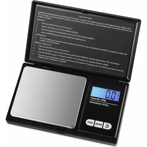 Balance de Precision 0.01g, 200g/0.01g, Balance de Poche avec Écran LCD, Petite Balance de Bijoux, Balance de Cuisine, Balance de Précision avec Fonction de Tare, Acier Inoxydable (Noir)- (1/4)
