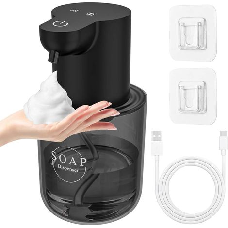Distributeur de Savon Automatique, 400ml Distributeur Savon Automatique Mural, Distributeur de Savon Électrique sans Contact, avec USB Rechargeable, pour Salle de Bain, Cuisine, Bureau (Noir) (1/5)