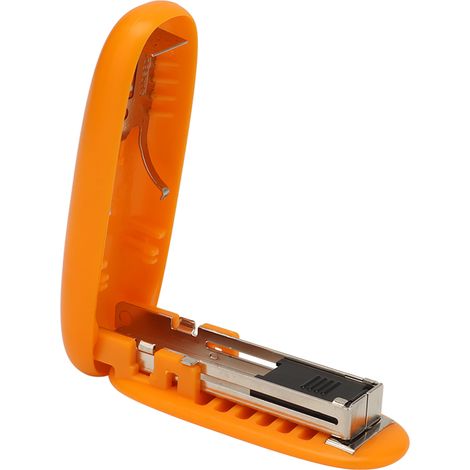 Kleiner, faltbarer und tragbarer Hefter, ideal für Büro, Schule und Zuhause (Orange). Hebelbetätigung für zeit- und kraftsparende Bedienung. (1/5)
