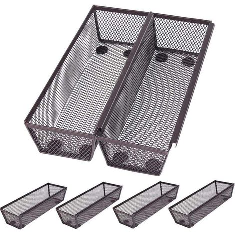 Lot de 6 paniers de rangement de cuisine en maille bronze – Paniers de rangement en métal à emboîtement fin – Caoutchouc antidérapant – Tiroir de cuisine extensible pour ustensiles et couverts (Noir)