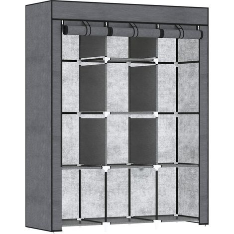 Armoire à tissu, 8 étagères, 2 porte-linges, gris foncé, solution de rangement