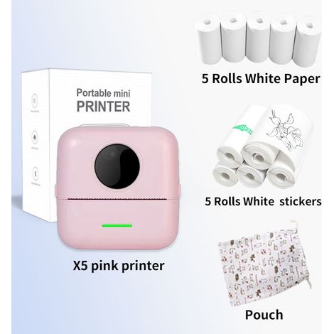 Mini Printer - Portable Mini Pocket Label, Image, Error Correction Thermal Bluetooth Printer - X5 Toner + 5 Thermal Papers + 5 Adhesive Stickers + Storage Bag (1/4)