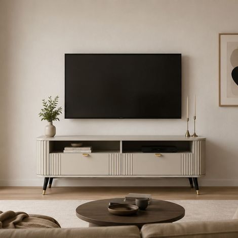 Mueble para TV Dmora Limefa, 2 cajones, 3 estantes, puertas efecto rayado, 138x40x53h cm beige (1/4)